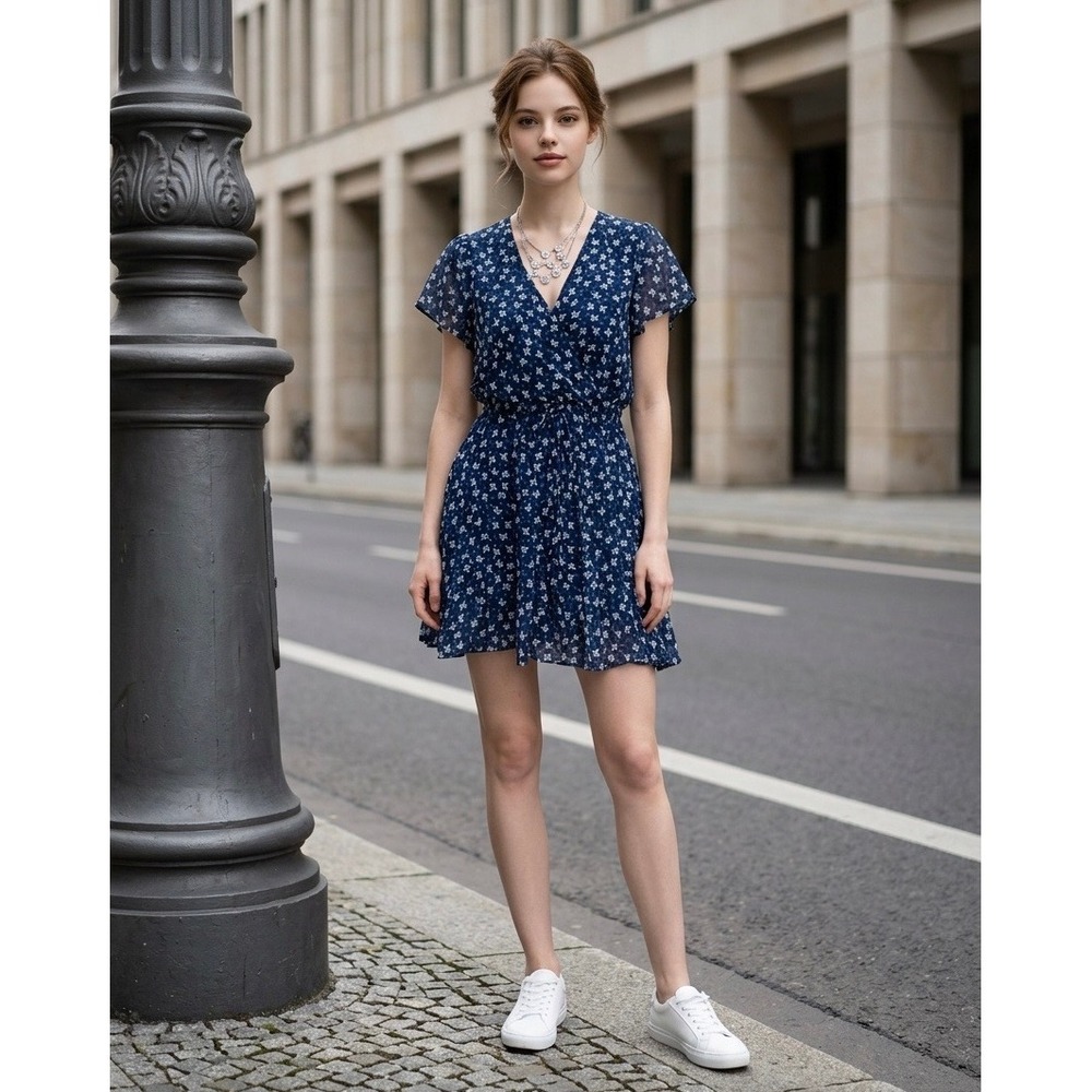Francescas "Mi Ami" Navy Blue Floral Flutter Sleeve Mini Women Dress XS New